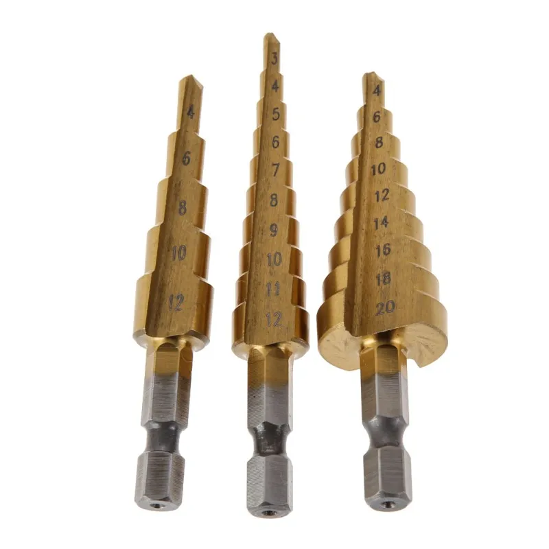 

3pcs Hss Steel Titanium Step Drill Bit Set 3-12mm 4-12mm 4-20mm Step Cone Cutting Drills for Wood Metal Hole Drilling Bits Set
