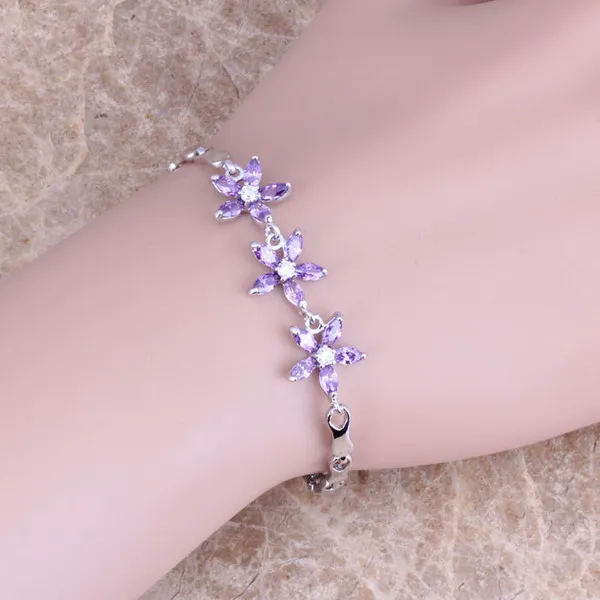 Фиолетовый кубический цирконий посеребренный браслет-цепочка 7 - 8 дюймов S0294 |