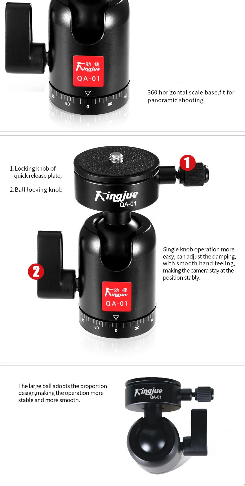 KINGJOY официальный BD-1 QA-0/1 штатив с шаровой головкой Универсальный мини алюминиевый с пластиной 1/4 3/8 дюйма Винт для DSLR камеры