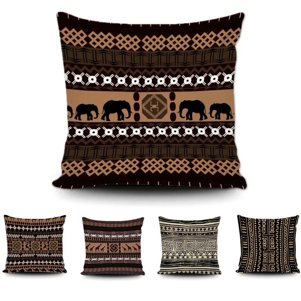 Чехол для подушки с геометрическим рисунком в африканском стиле коричневый