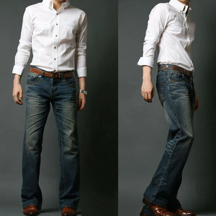 Мужские классические джинсы со средней талией эластичные расклешенные модель