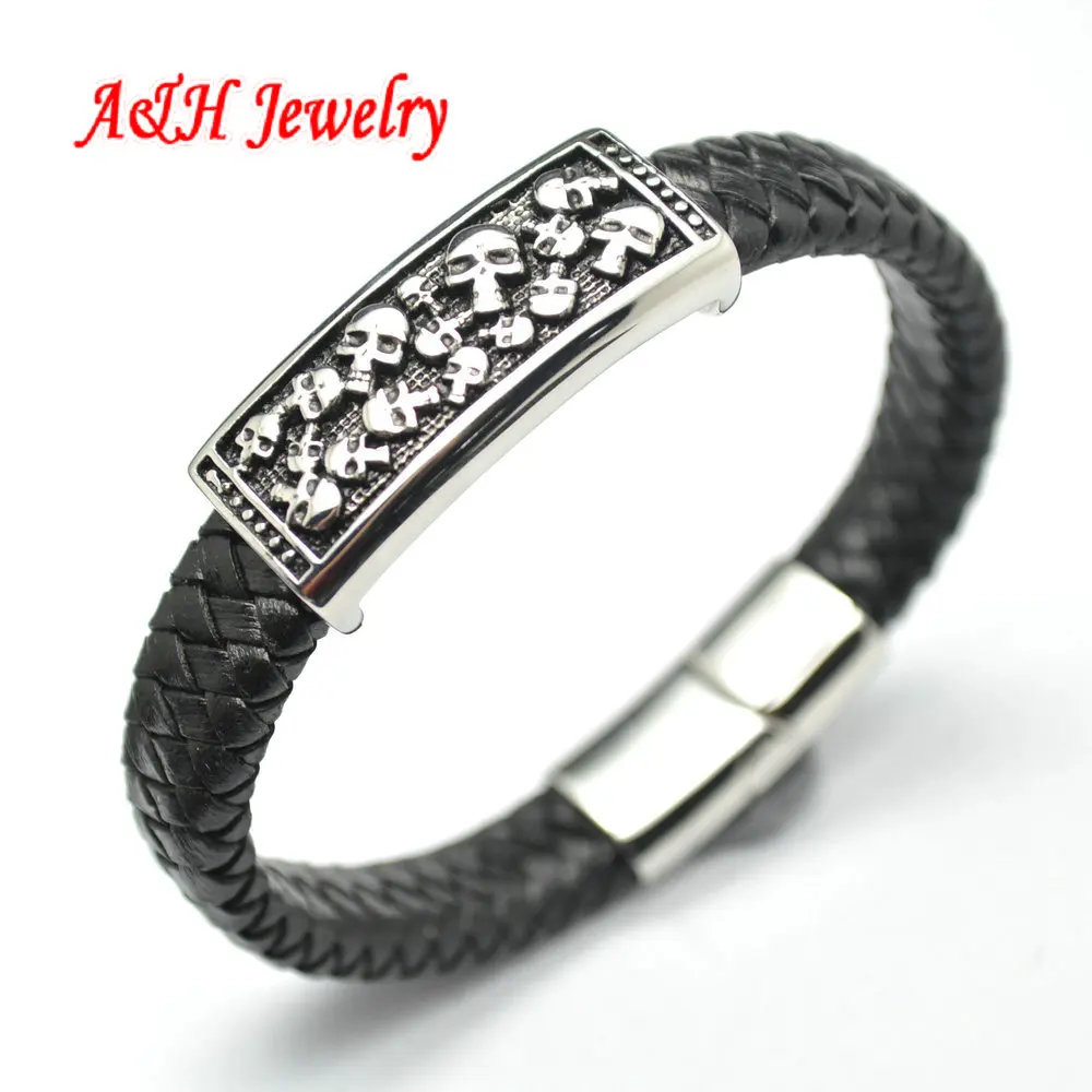 

5 шт. Новое поступление шармы из натуральной кожи с головками скелета из нержавеющей стали модные мужские браслеты Подарочные ювелирные изд...