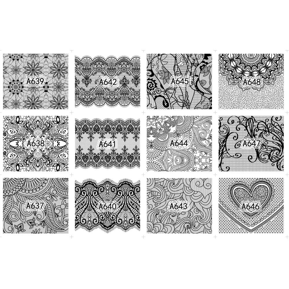 

UPRETTEGO 12 PACKS / LOT NAIL ART BEAUTY WATER DECAL SLIDER NAIL FULL COVER BLACK FLOWER ARABIC LACE PATTERN A637-648