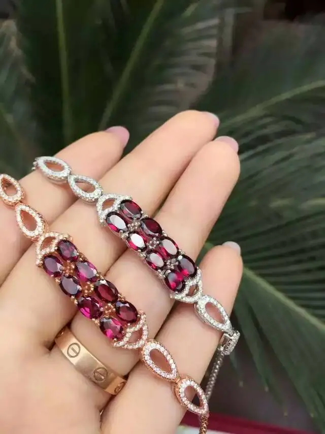 

Natural red garnet gem Bracelet Natural gemstone Elegant Row geometry chain Bracelet 925 silver women wedding gift Jewelery