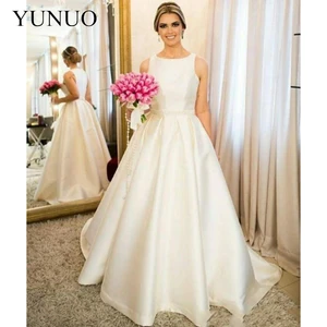 Vestido De Novia Simple Satin A-Line Wedding Dresses Sleeveless Floor Length Bridal Gowns Country Wedding Dresses Pearls N1