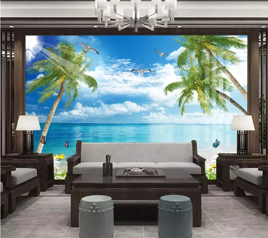 wellyu обои   papel de parede 3d custom wallpaper  Blue sky and white clouds beach with sea view TV wall wallpaper for walls 3 d