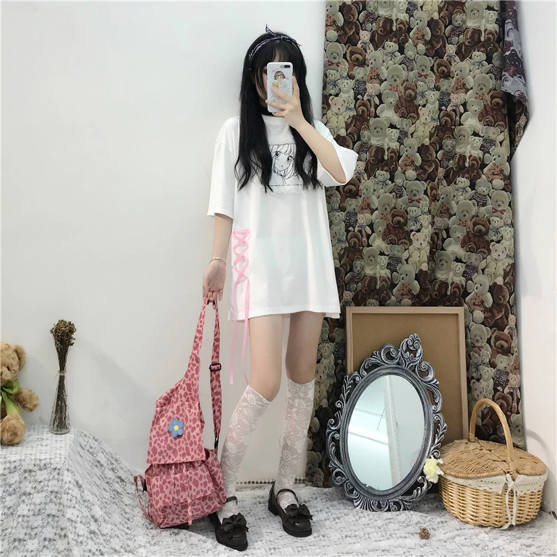 Japanese Sweet Long Tshirt Cute Clothes for Women Summer Oversized Loose Bandage T Shirt Black White Cartoon Graphic Tees Women