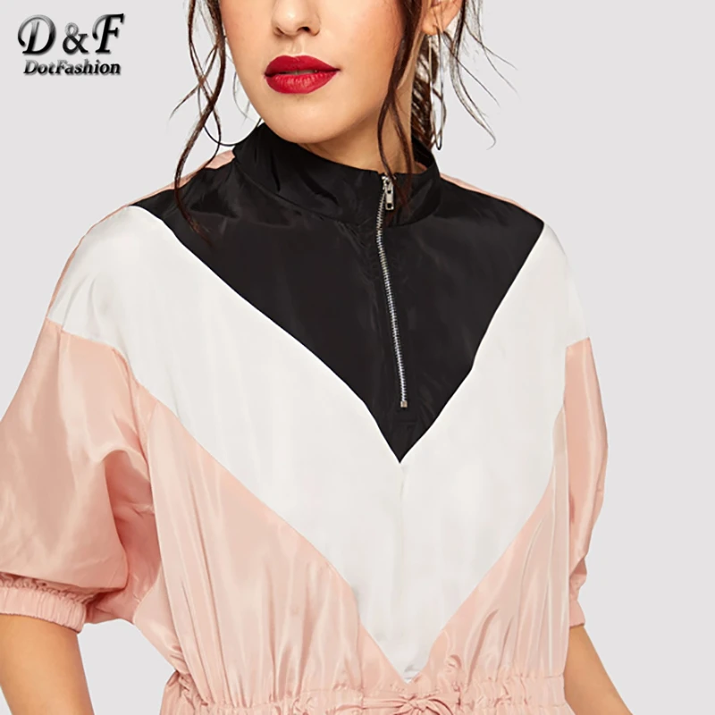 Dotfashion, розовое, на молнии, с завязками спереди, на талии, цветное платье, для женщин, весна, уличная одежда, повседневное, короткий рукав, стоячий воротник, платье