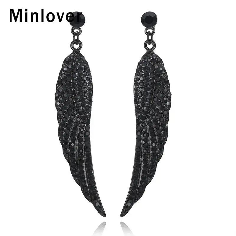 Minlover черные хрустальные Крылья Ангела Винтажные висячие серьги для женщин горный хрусталь Висячие висячие серьги перо новые ювелирные изделия MEH942