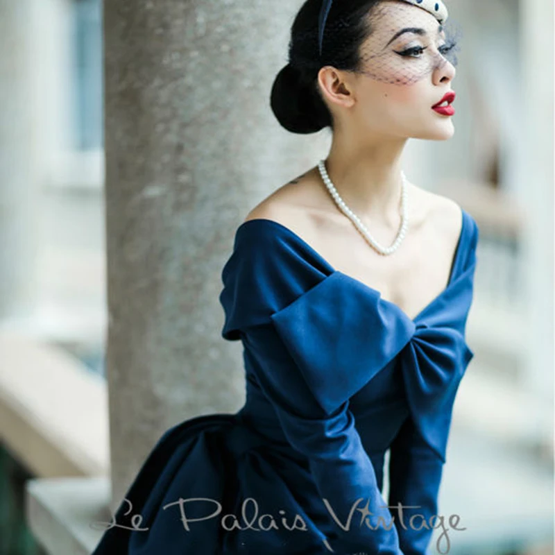 

FREE SHIPPING Le Palais Vintage Limited elegant Retro Blue fold butterfly collar slim dress