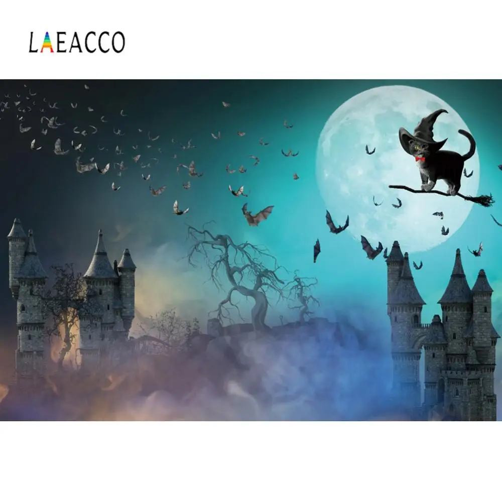 Laeacco Хэллоуин фоны замок Луна летучая мышь волшебник Старое дерево вечерние