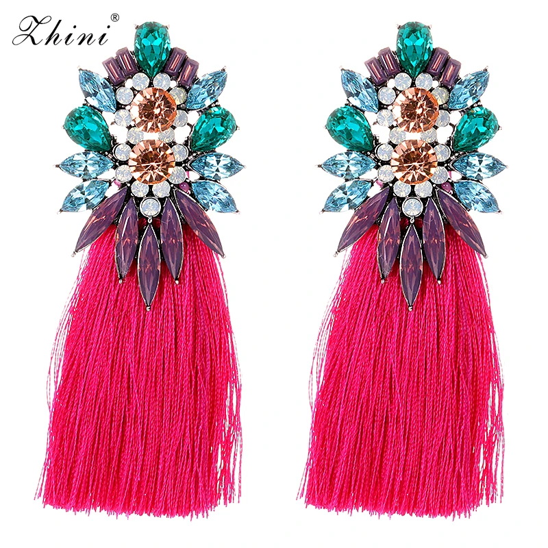 

ZHINI Handmade Big Crystal Flower Earring Vintage Ethnic Bohemian Rhinestone Long Tassel Drop Dangle Earrings for Women Jewelry
