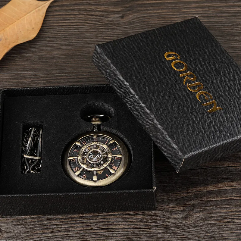 Vintage Roman Number Rudder Design Mechanical Pocket Watch Men Unique Double Sided Steampunk Bronze Pocket Watch With Chain Gift