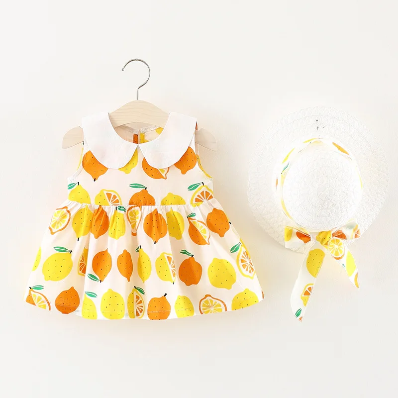 

Summer New Girl pure color flower lemon with hat baby dress