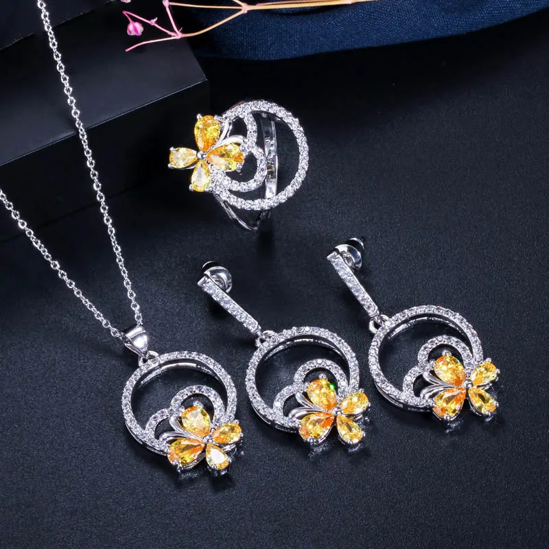 yellow CWWZircons, 3 шт., модные женские серьги в виде цветка, ожерелье и кольцо, наборы, элегантный кубический цирконий, Женские Ювелирные аксессуары, T337 - Окраска металла: yellow