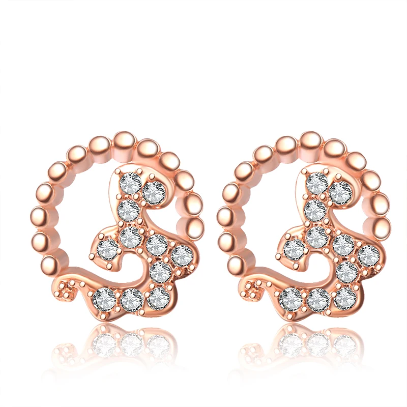 18K покрытые розовым золотом серьги круглые циркониевые гвоздики женские