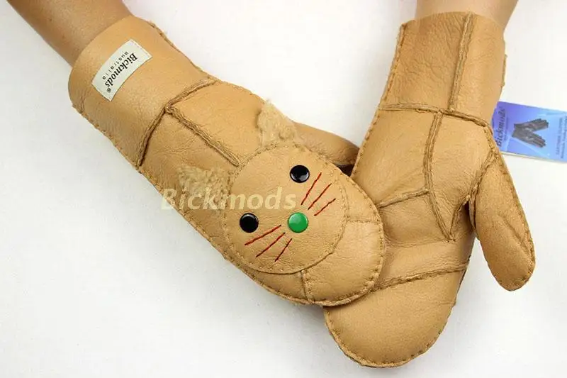 Овчина меховые перчатки женские толстые голова кота из мультфильма узор зима с теплой шерстяной подкладкой детей студентов кожаные перчатки