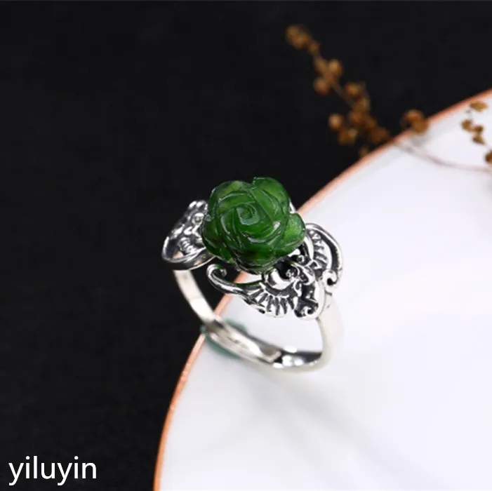 

KJJEAXCMY Boutique jewelry S925 Sterling Silver Antique inlaid and jade jade bats Rose Opening female ring