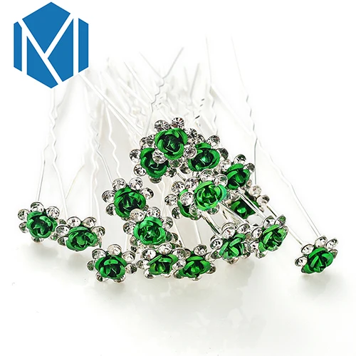 Green M MISM 20 PCS Bridal Rhinestone Exquisite Rose Flower Hair Pins Girls Wedding Shiny Crystal Bun Maker Tools Hair Accessories - Окраска металла: Green