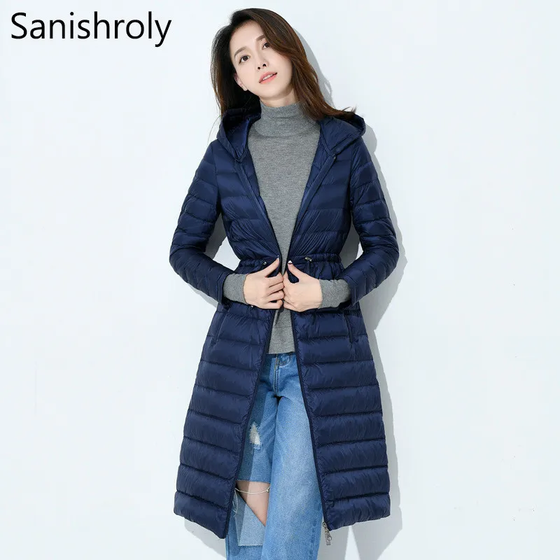 Женский пуховик Sanishroly белый ультратонкий с капюшоном парка большого размера