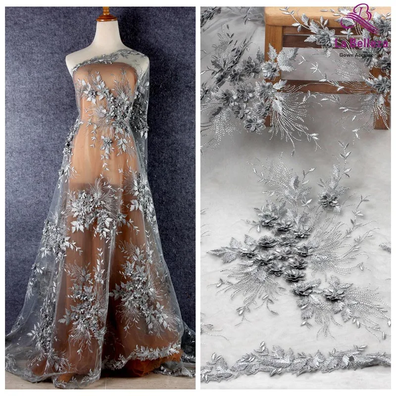 Silver gray La Belleza дизайн кружева, слоновая кость 3D Цветы кружевная ткань, бежевые 3D Цветы Кружевная Ткань вечернее платье кружевная ткань 1 ярд - Цвет: Silver gray