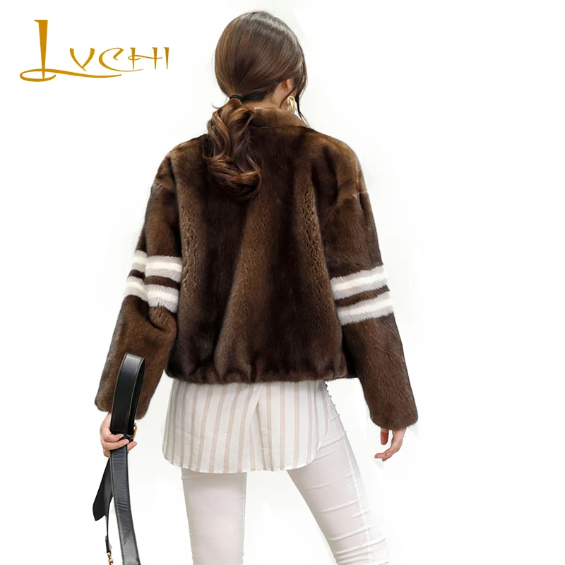 

LVCHI Winter2017 V-Neck Real Mink Fur Coat Women's Long Sleeve Striped On Shoulder Jacket Coat Slim Short Causal Silm Mink Coats