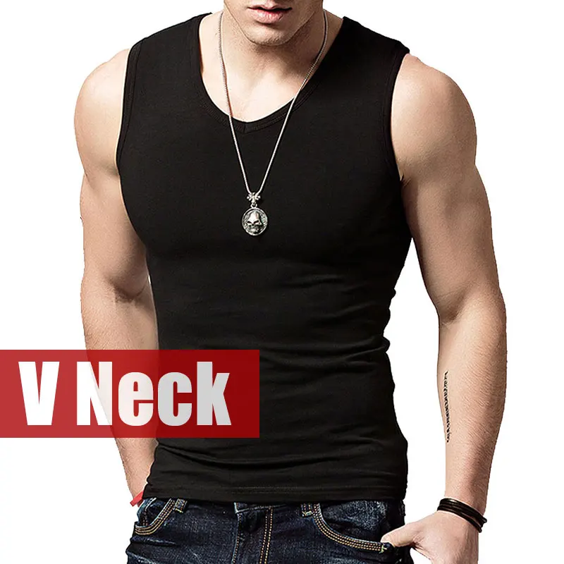 V neck Black MYDBSH летняя хлопковая Однотонная футболка с круглым вырезом Повседневная футболка без рукавов Мужская футболка для фитнеса бодибилдера - Цвет: V neck Black