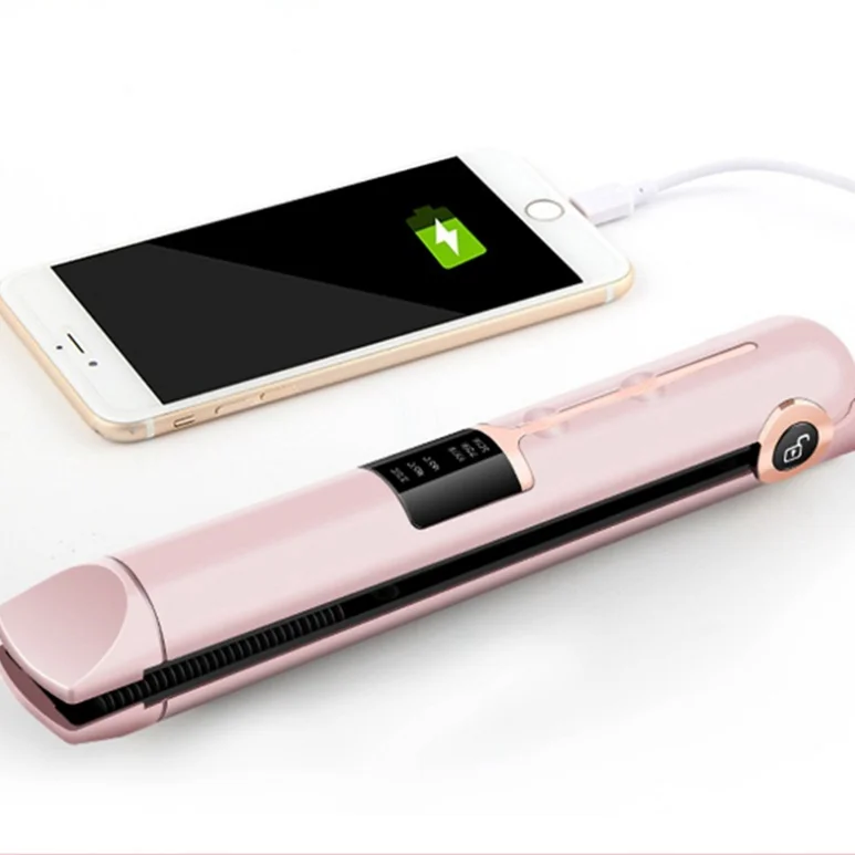 USB Rechargeable Cordless Hair Straightener with Power Bank function - Цвет: Pink