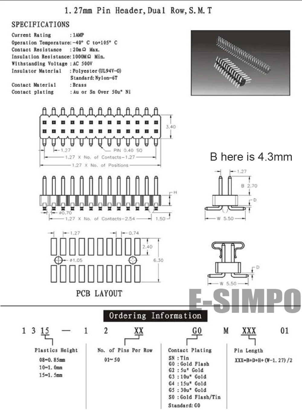 100 шт./лот 1 27 мм 2*50P SMT контактный разъем двухрядный один пластик позолоченный B = 4 3