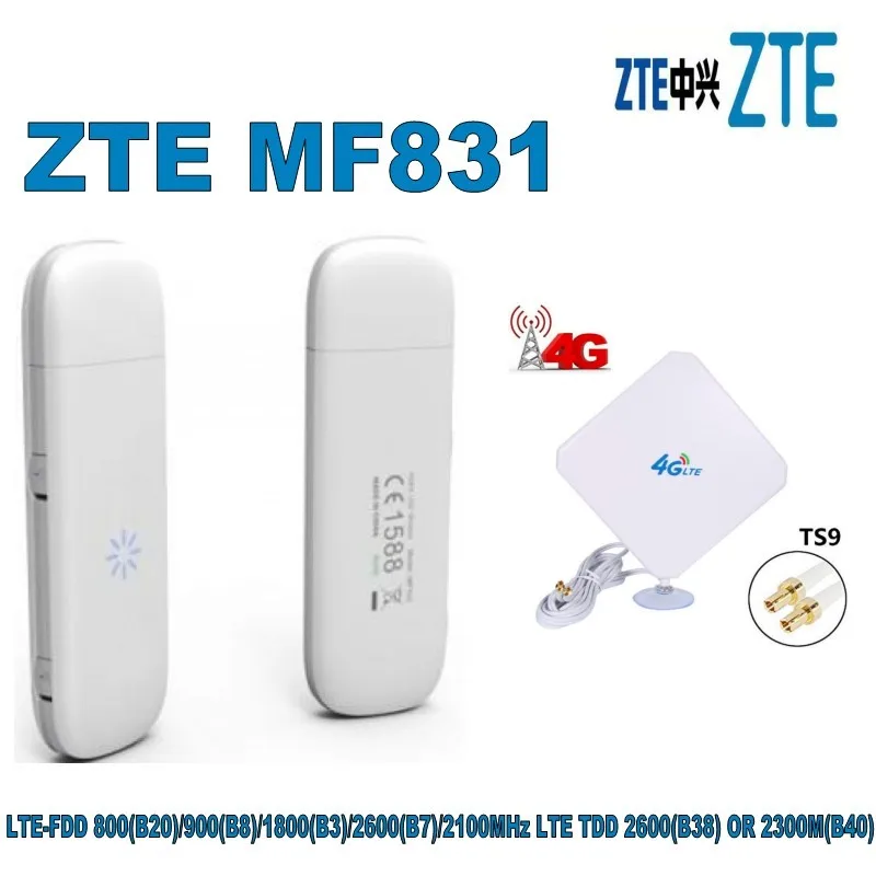 NEW ZTE MF831 4G/LTE/FDD/3G 100MBps Mobile broadband modem UNLOCKED +4g TS9 35DBI Antenna