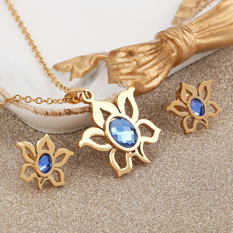 Новые Ювелирные наборы для женщин ожерелья из нержавеющей стали и серьги с синим