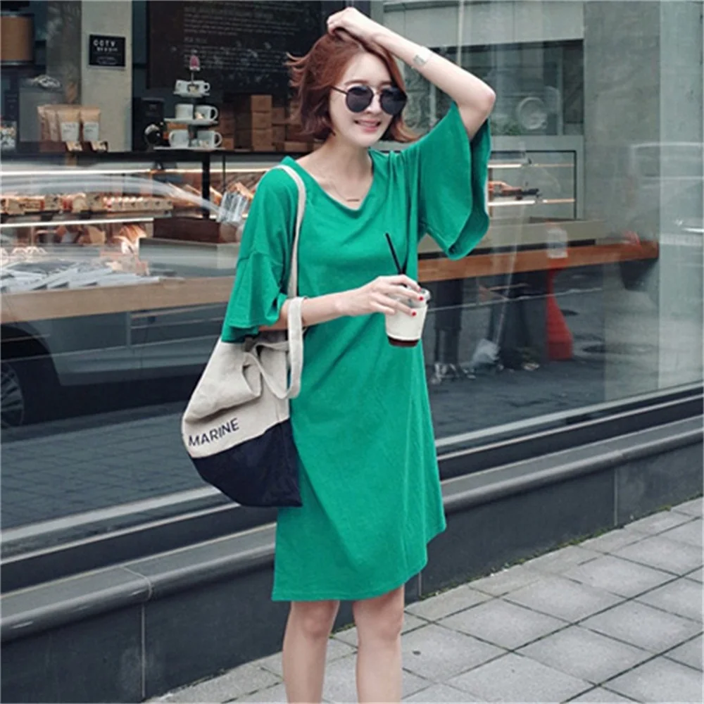 Летнее свободное Хлопковое платье-футболка с коротким рукавом повседневное