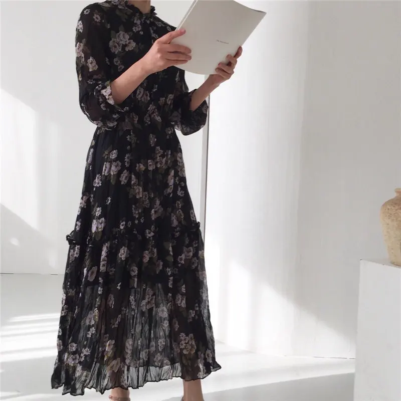 HziriP Stand Print Floral Casual Simple Loose Free 2019 Summer Autumn Women Elegant Ladies Party Ankle Length Dresses 3 Colors | Женская