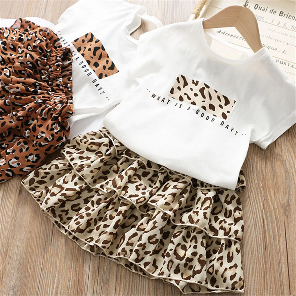 Toddler Kid Baby Girls Outfits Clothes Letter T-Shirt Top+Leopard Cake Skirt Set | Детская одежда и обувь