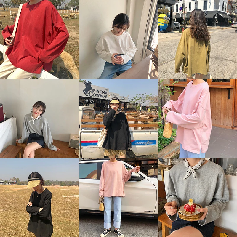 

6 colors 2019 korean style spring basic solid color long sleeve t shirts womens tee shirt femme (X209)