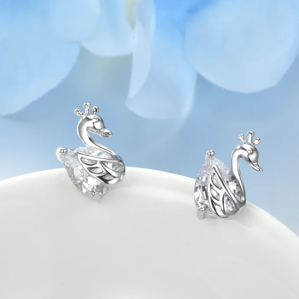 LZESHINE Elegant Authentic S925 Sterling Silver Earrings Swan AAA Zircon Inlay Stud For Women Engagement Jewelry Gift | Украшения и