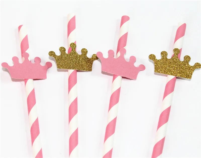 Соломинки розовые и золотые с коронами для вечерние ринки принцессы