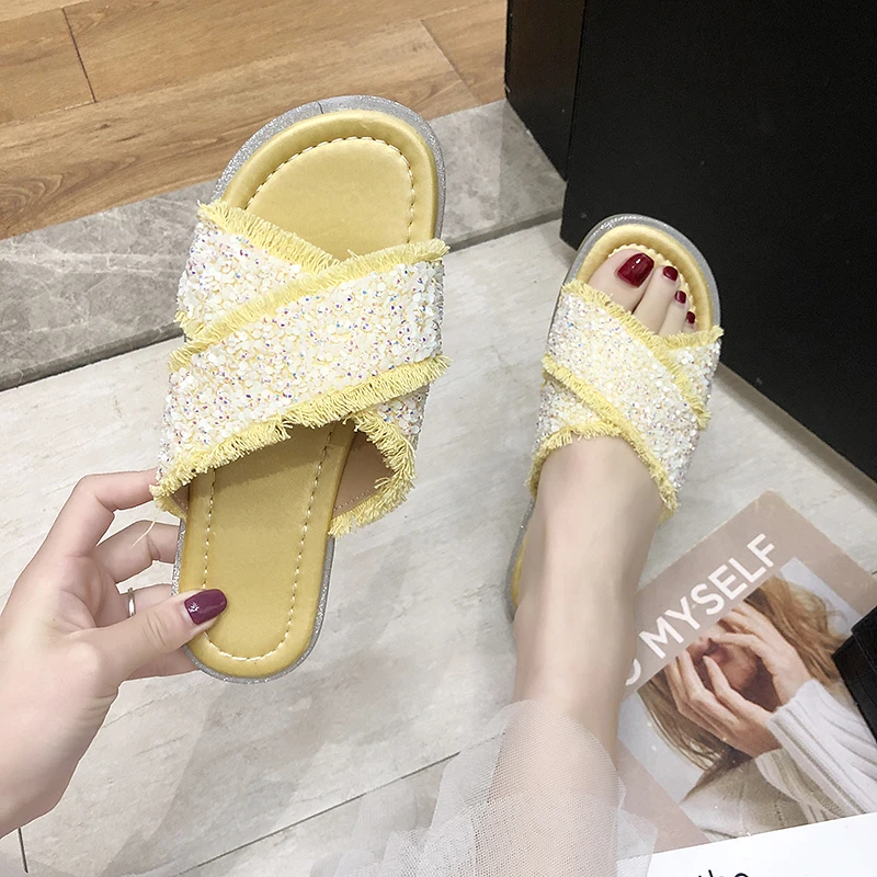 Женские шлепанцы с блестками BeautyFeet повседневные мягкие сланцы на плоской