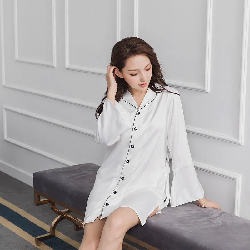 Caiyier New Summer Women Robes 2018 Simple Lapel Button Nightwear Lady Solid Long Sleeves Night Gown High Quality LL3210 | Женская