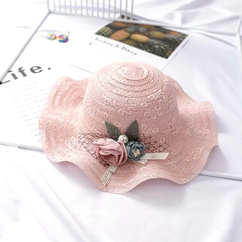 

XEONGKVI New Fashion Flower Net Yarn Falbala Parent-child Hollow out Sun Hats Summer Wide Brim Beach Straw Hats For Women Girl