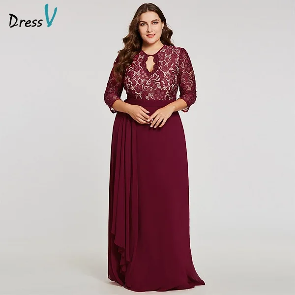 Dressv бордовое вечернее платье с глубоким вырезом, элегантное платье с 3/4 рукавами, а-образная линия, на пуговицах, свадебное вечернее платье, кружевное вечернее платье es - Цвет: Burgundy
