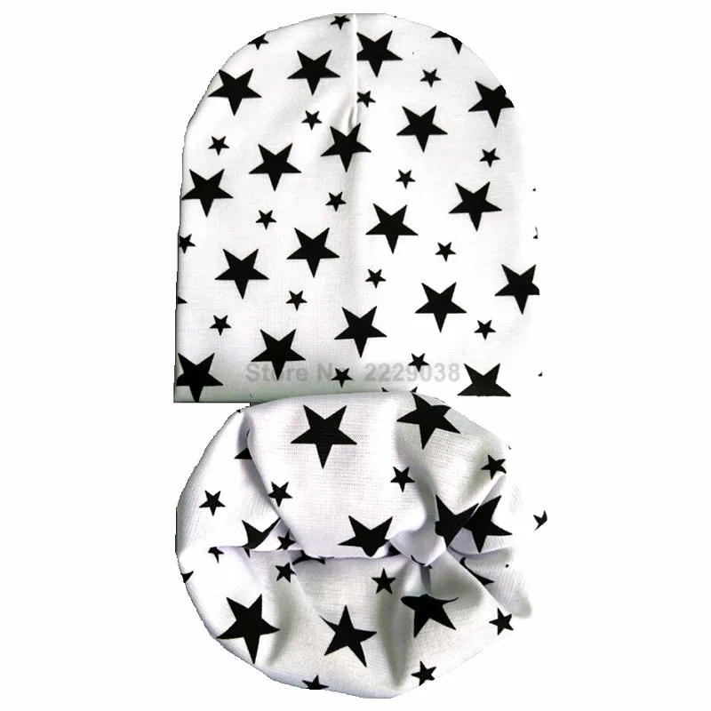 White full star set Детская шапочка; милая хлопковая детская шапка с принтом со звездой; Весенняя детская шапка с шарфом и воротником; Детские шапочки для мальчиков и девочек; шапка; комплект шапок для малышей - Цвет: White full star set