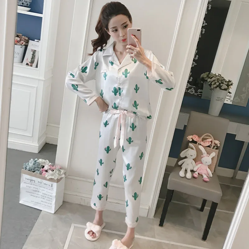 2019 весна осень Женская милая одежда кактус для отдыха женские пижамы с длинными