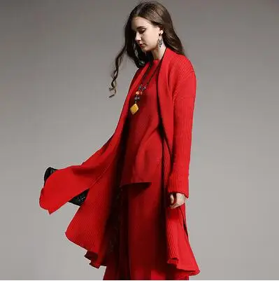 red coat Женский красный/белый/черный костюм, королевская юбка+ свободный шерстяной Тренч+ вязаный свитер, топ, 3 предмета, элегантный женский костюм, женский M-XXL - Цвет: red coat