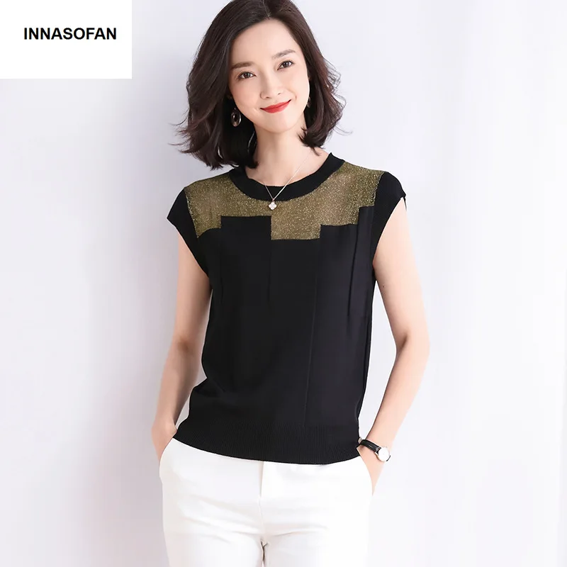 INNASOFAN thin sweater for women Summer knitwear Euro-American fashion chic shiny short-sleeved | Женская одежда