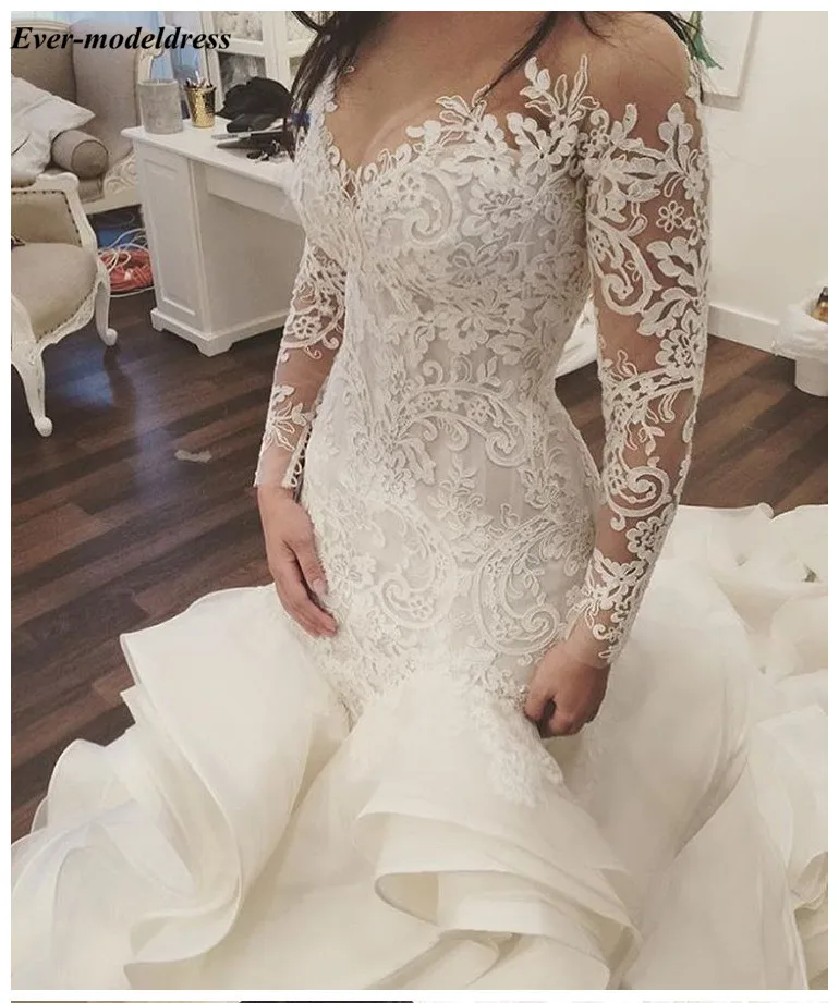 Vestido De Noiva Long Sleeves Appliques Lace Mermaid Sweep Train Ruffles Organza Wedding Dresses for Bride Plus Size Customized