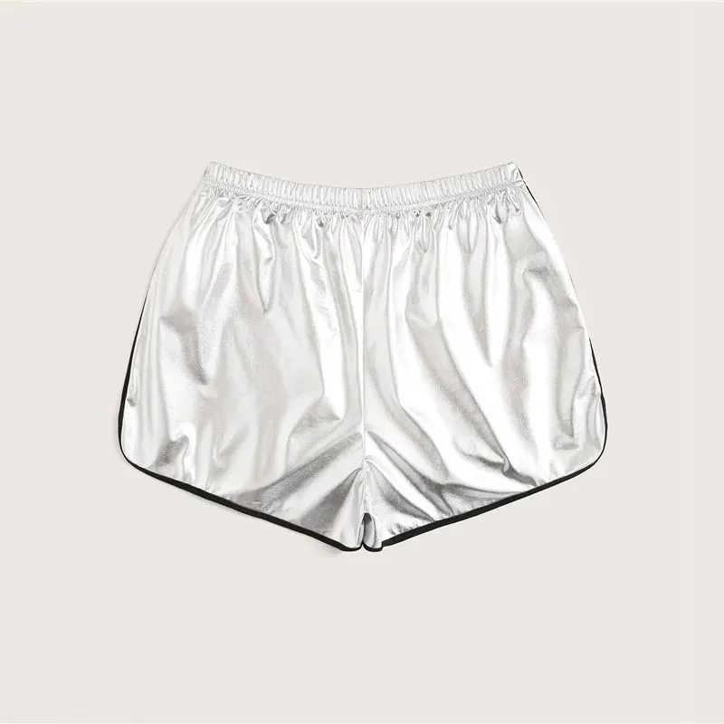 ROMWE Grey Knot Waist Contrast Binding Metallic Dolphin Shorts Women Athleisure Elastic Drawstring Waist Summer Shorts