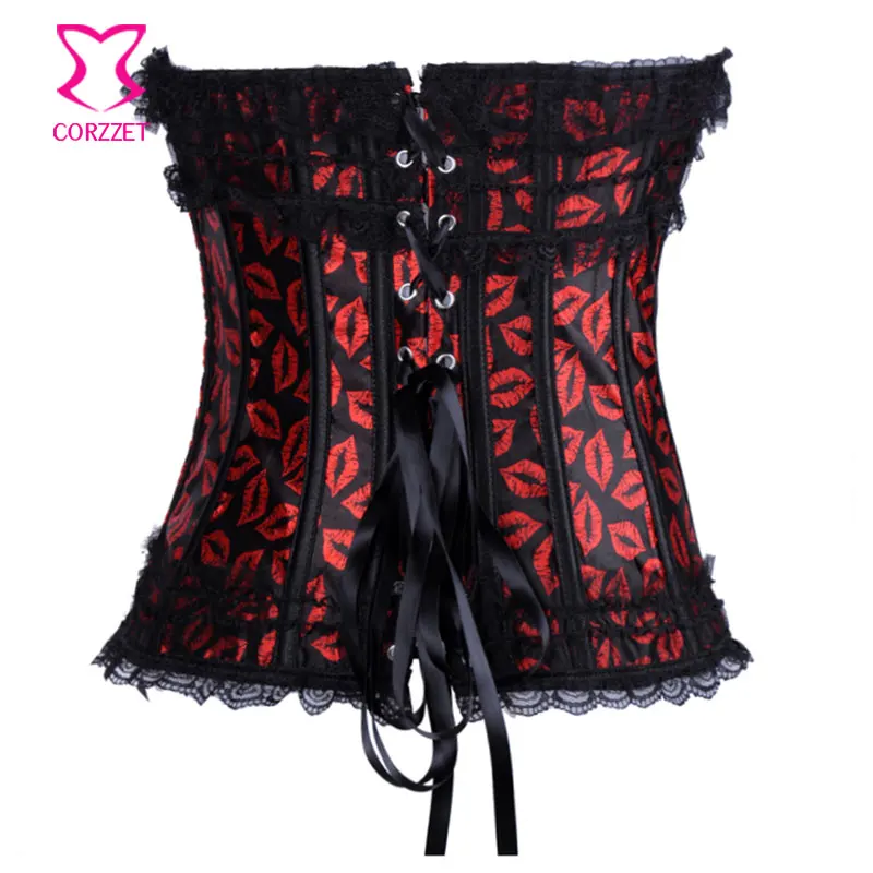 Черный сатин/рисунок красные губы пуш-ап обхват груди сексуальный женский корсет