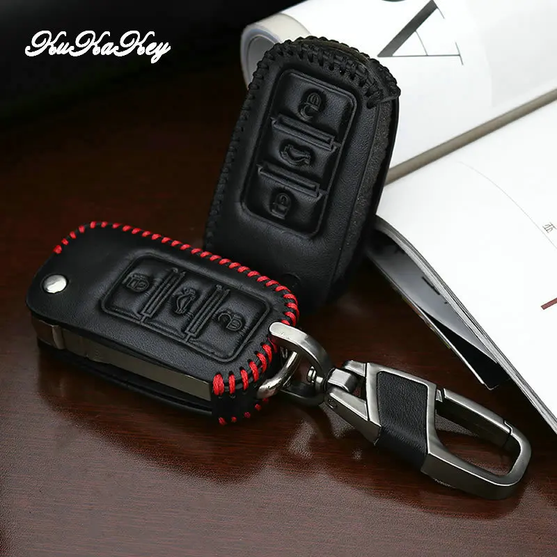 Чехол для автомобильного ключа KUKAKEY из натуральной кожи VW Polo Tiguan Passat Golf MK5 MK6 Jetta Eos