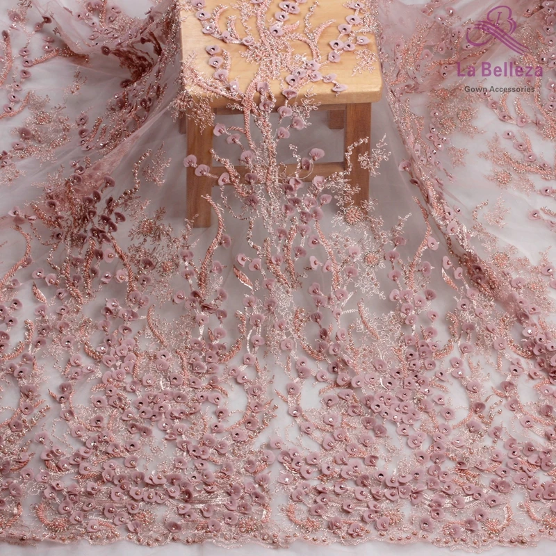 La Belleza 1 ярд грязный розовый тяжелый 3D цветы ручной работы бисером свадебное/вечернее платье кружевная ткань SNDD1801